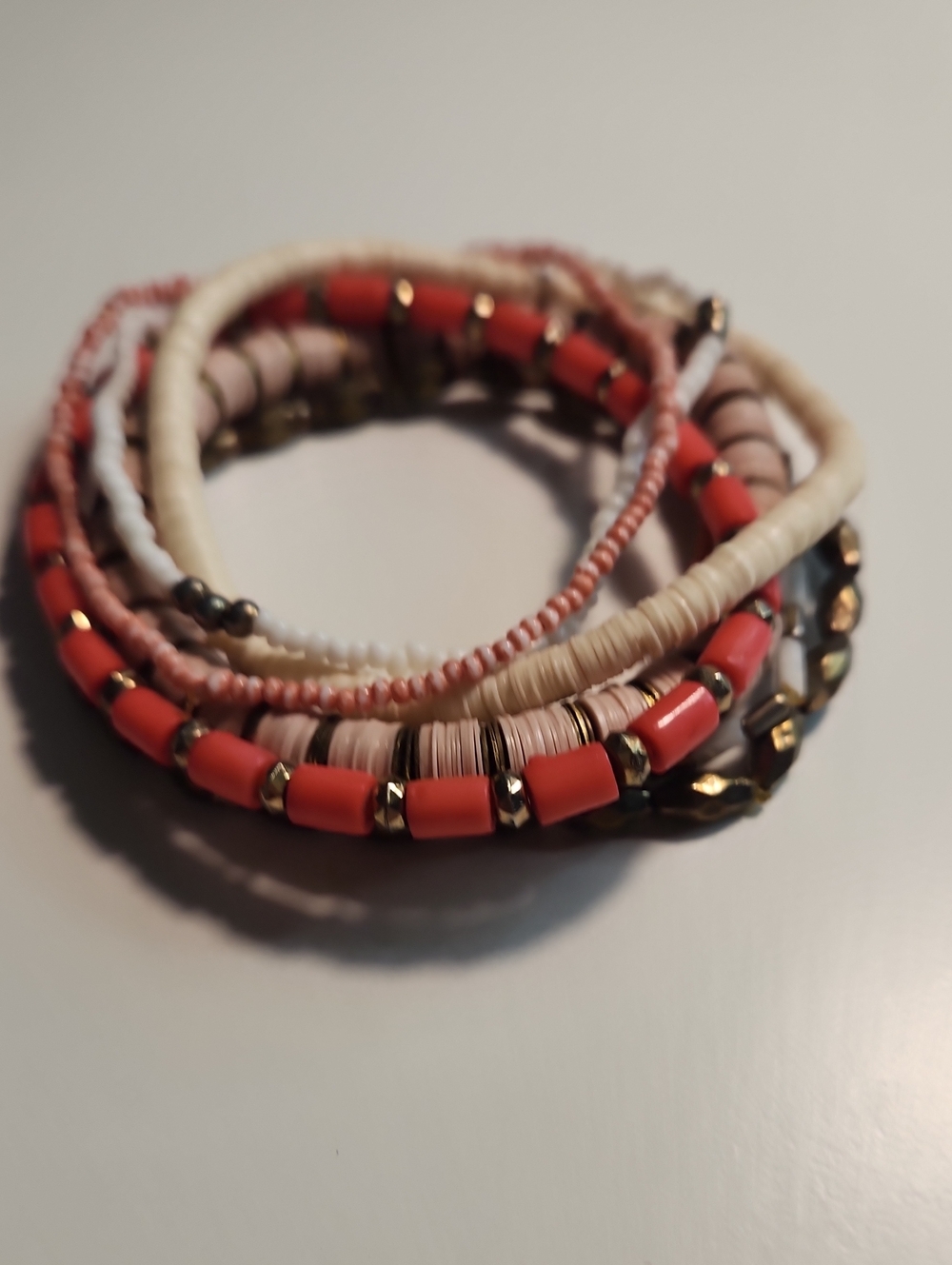 Handmade Coral and Cream Beaded Wrap Bracelet